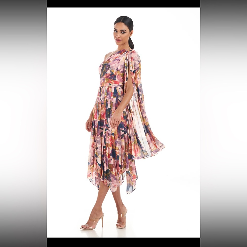 Kay Unger Lilah Tea Length Floral One-Shoulder Dress - Picture 4 of 12